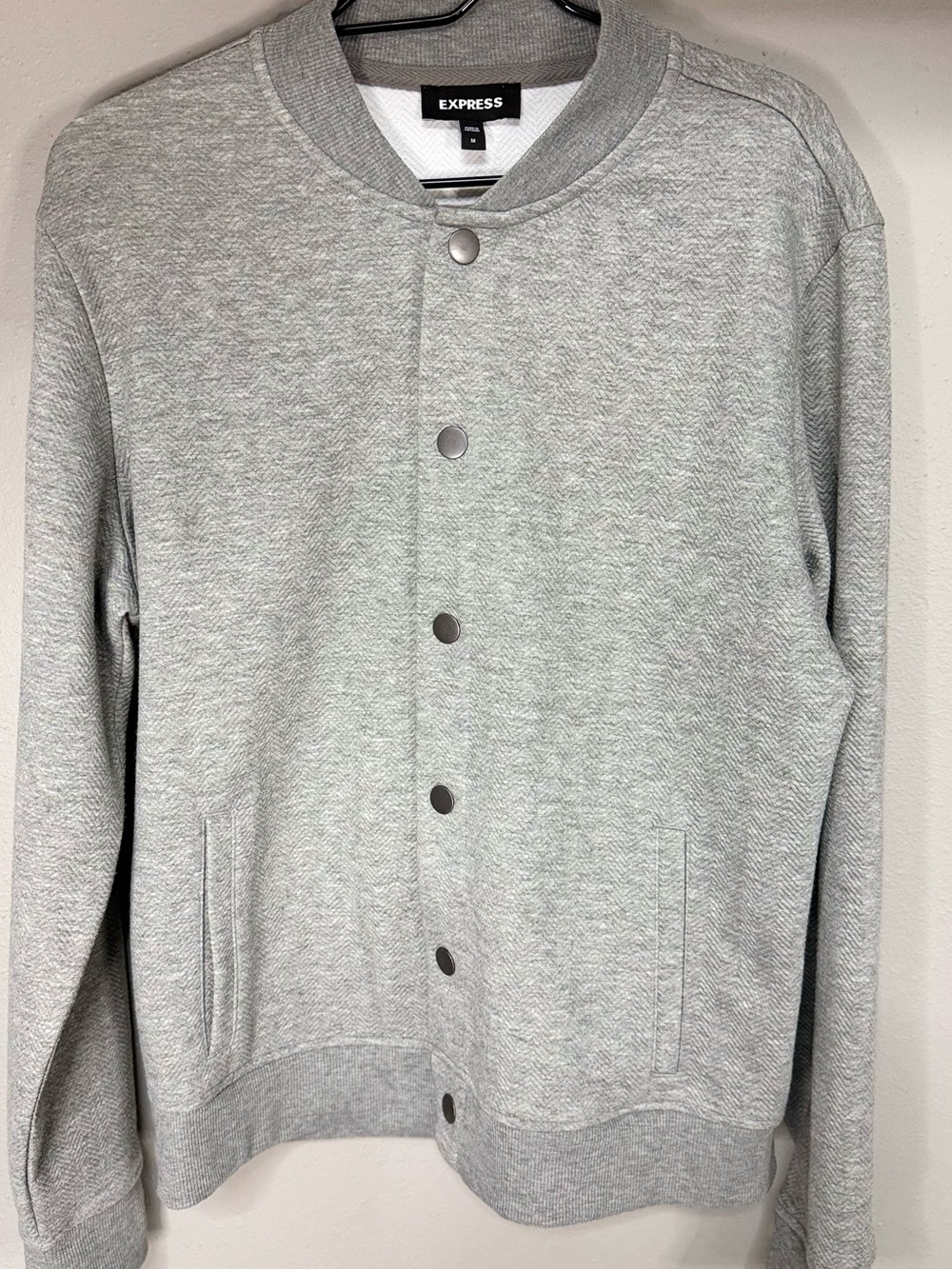 Express Light Gray Snap-Front Quilted Bomber Cardigan